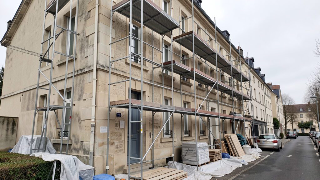 Façade d’un immeuble résidentiel à Nanterre entourée d’un échafaudage métallique, avec du matériel de chantier soigneusement disposé au sol.