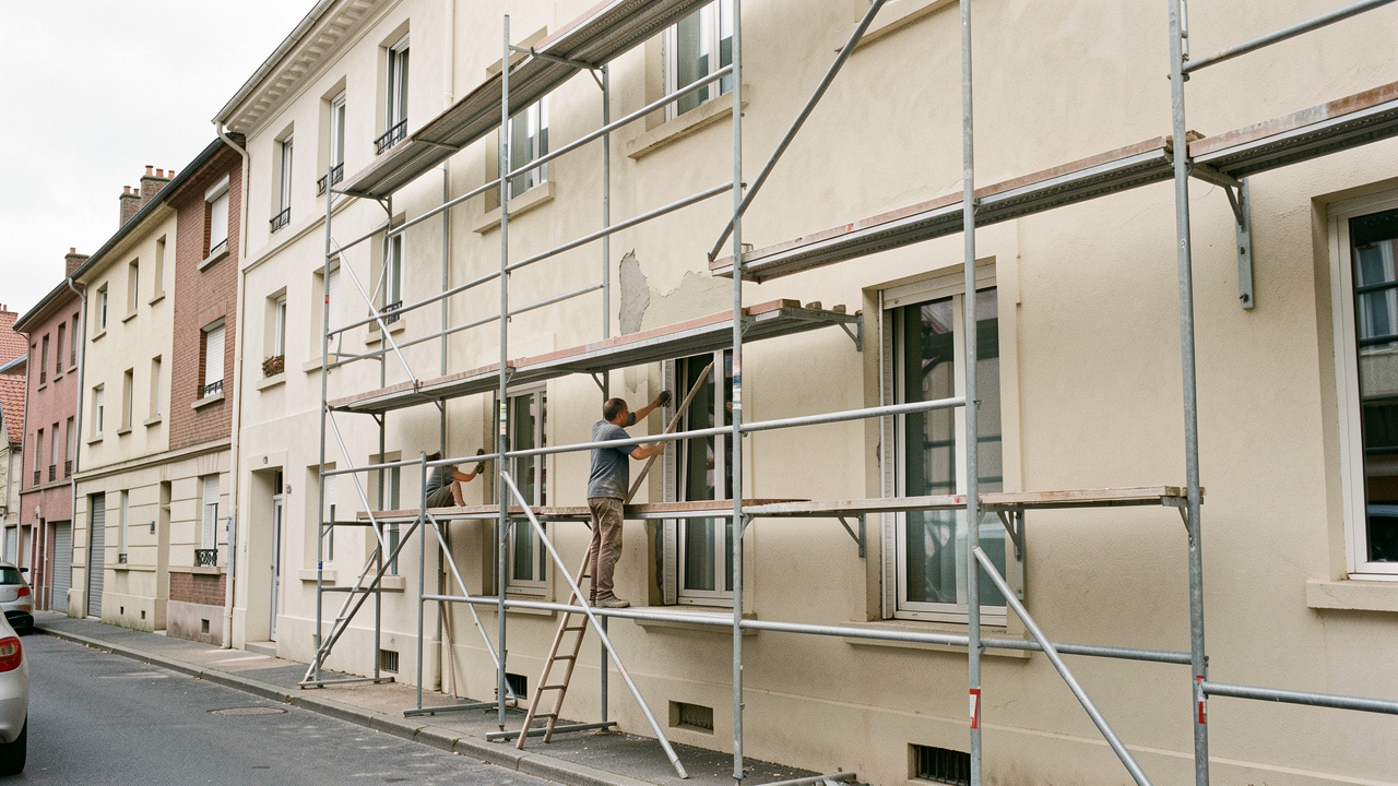 Rénovation d’une façade d’immeuble résidentiel à Créteil, avec des ouvriers travaillant sur un échafaudage et appliquant un nouvel enduit beige.