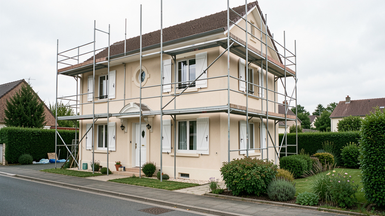 Maison résidentielle à Morsang-sur-Orge entourée d’un échafaudage pendant des travaux de ravalement de façade.