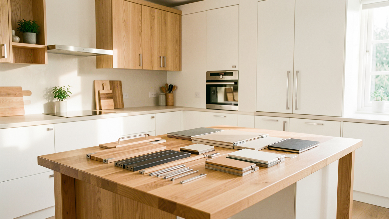 Cuisine rénovée et lumineuse présentant sur une table des échantillons de façades, des panneaux de bois, des charnières et un plan de travail.