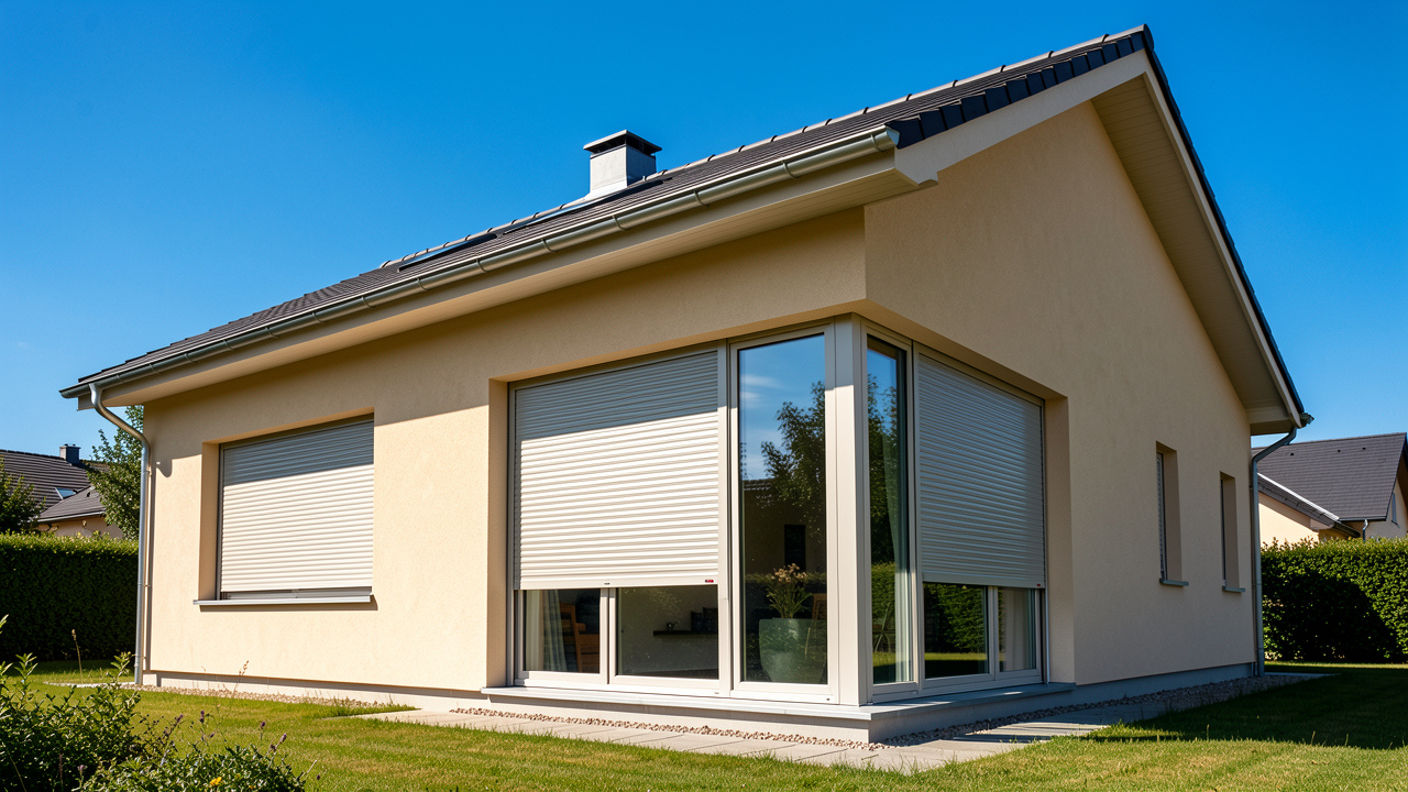 Maison individuelle en été, avec façade isolée, grandes baies vitrées protégées par des stores extérieurs baissés et éclairage solaire intense.