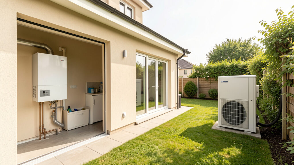Maison individuelle en rénovation avec une ancienne chaudière déposée dans la chaufferie et une unité extérieure de pompe à chaleur installée dans le jardin.