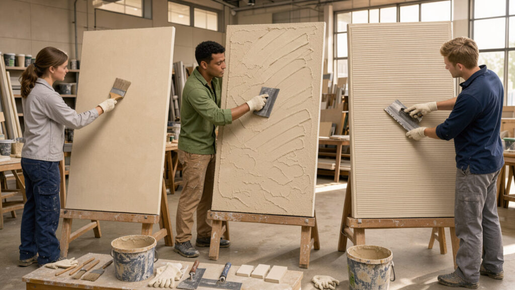 Atelier de bricolage lumineux où une jeune femme et deux jeunes hommes débutants appliquent différents enduits de façade sur des panneaux posés sur des tréteaux, entourés d’outils propres.