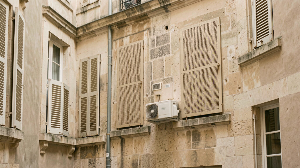 Façade ancienne française dans une cour intérieure, avec une unité extérieure de climatisation dissimulée par un cache métallique beige ajouré.
