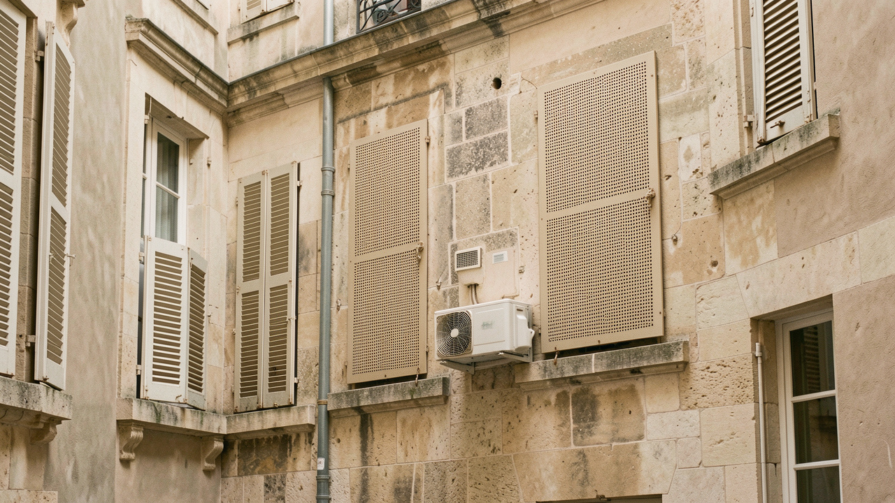 Façade ancienne française dans une cour intérieure, avec une unité extérieure de climatisation dissimulée par un cache métallique beige ajouré.